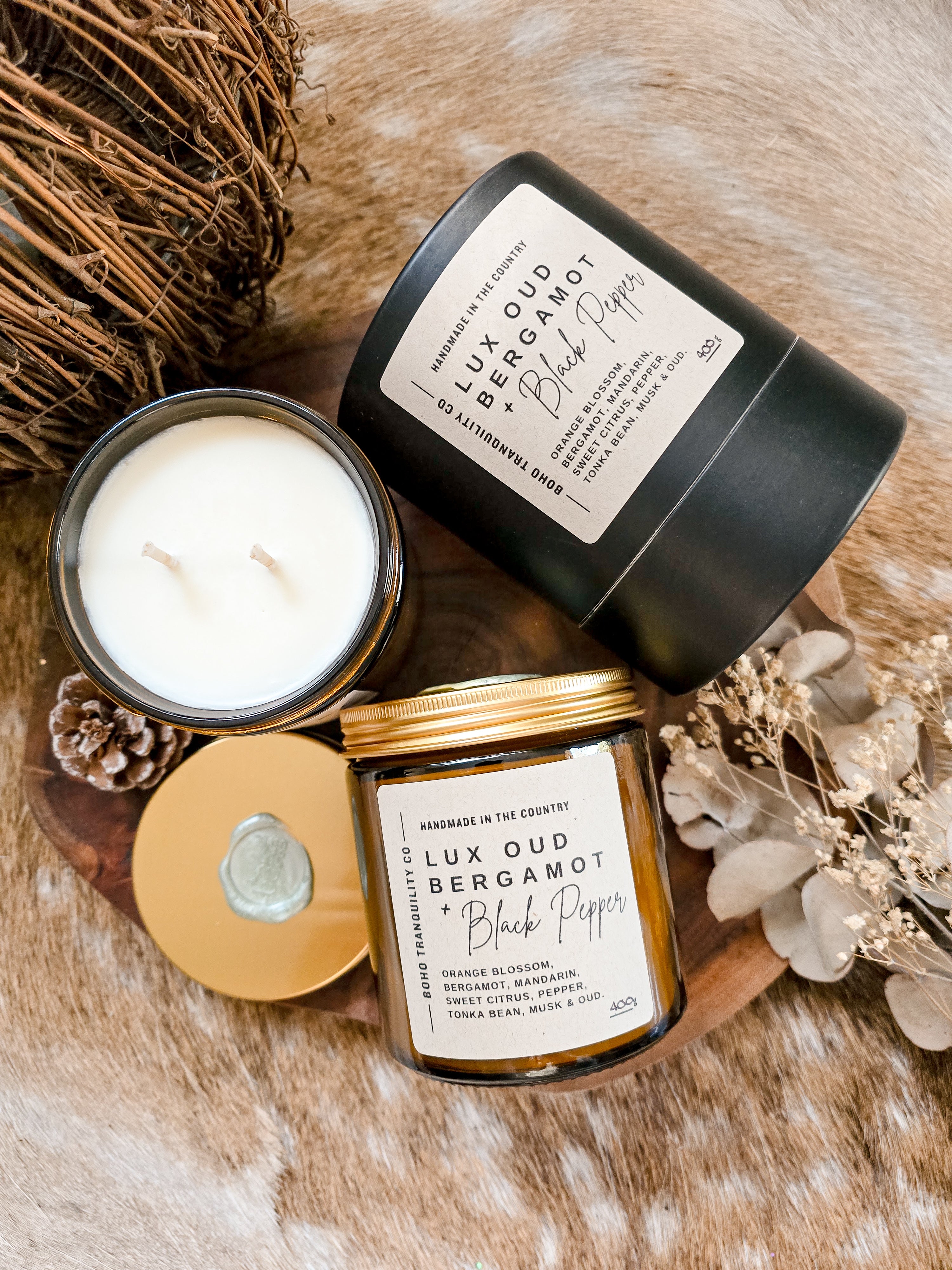 XL AMBER GLASS SCENTED CANDLE - LUX OUD BERGAMOT & BLACK PEPPER