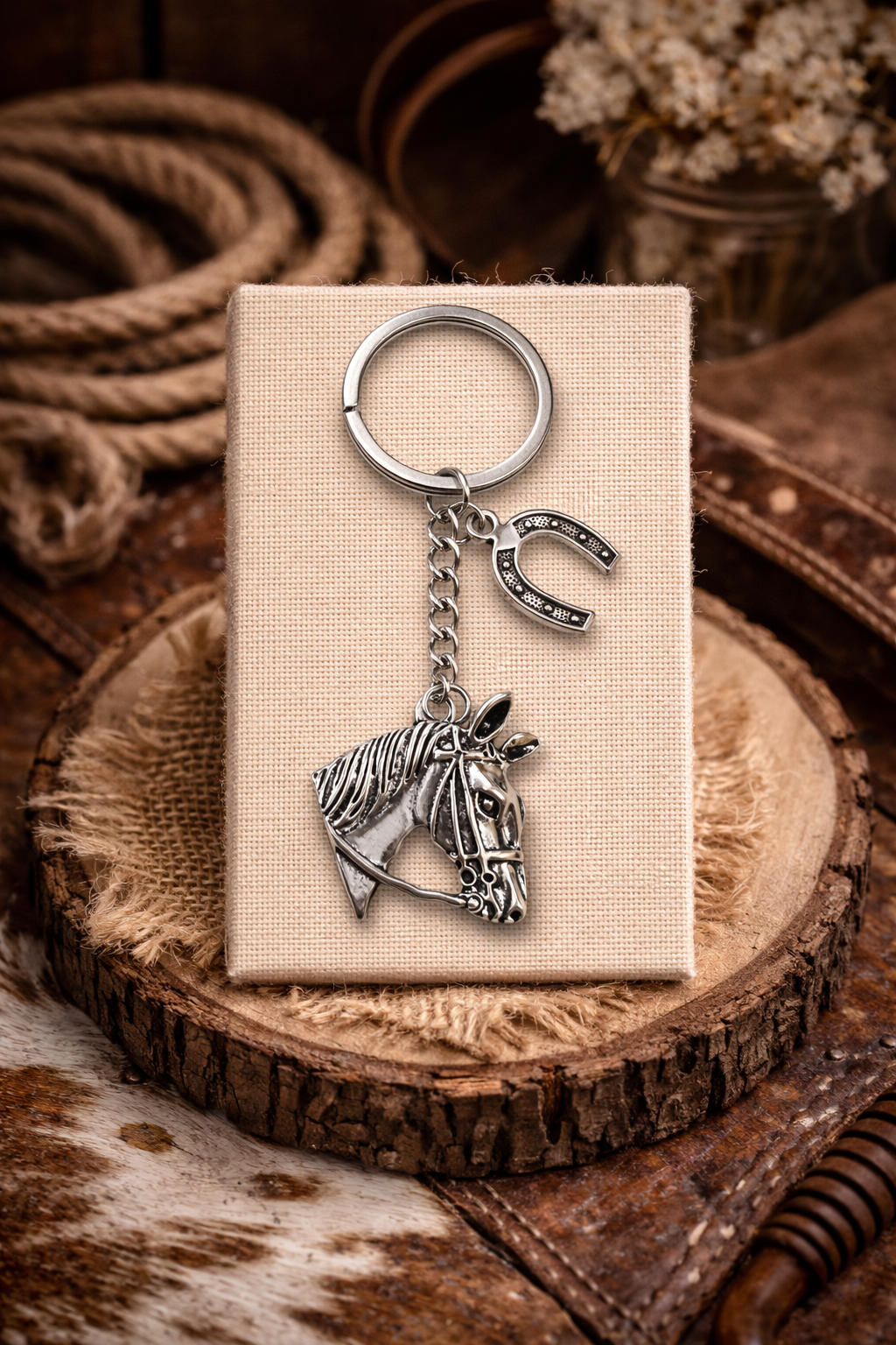 WESTERN KEYCHAIN - HORSE HEAD WITH HORSESHOE (SILVER)