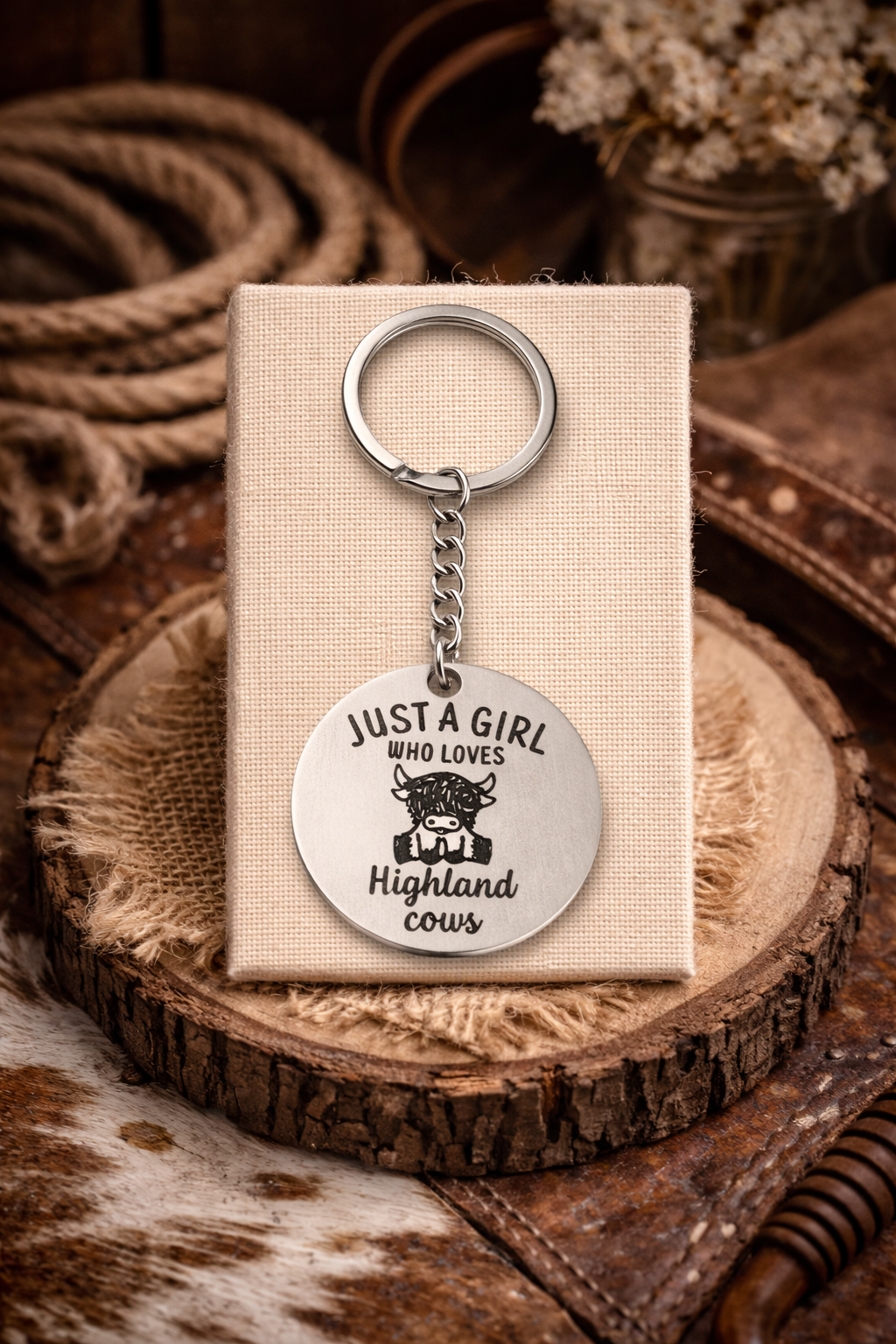 WESTERN KEYCHAIN - JUST A GIRL WHO LOVES HIGHLAND COWS