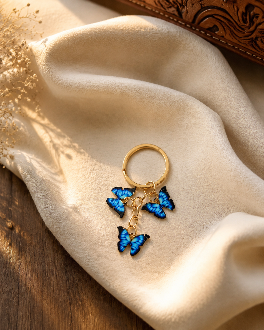 Butterfly Charm Keychain (gold chain) - Blue