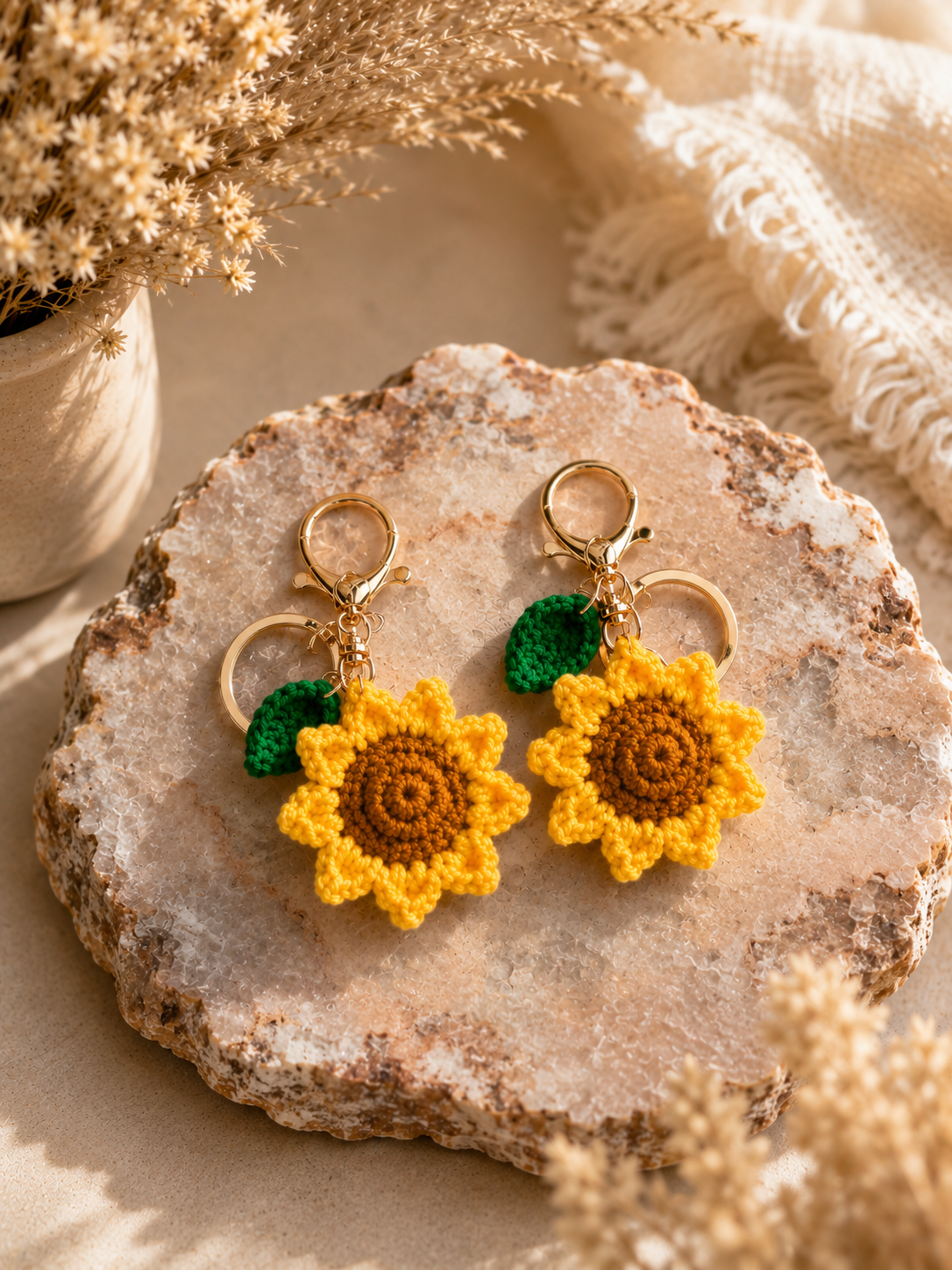 Handmade Crochet Sunflower Keyring - Boho Tranquility Co 