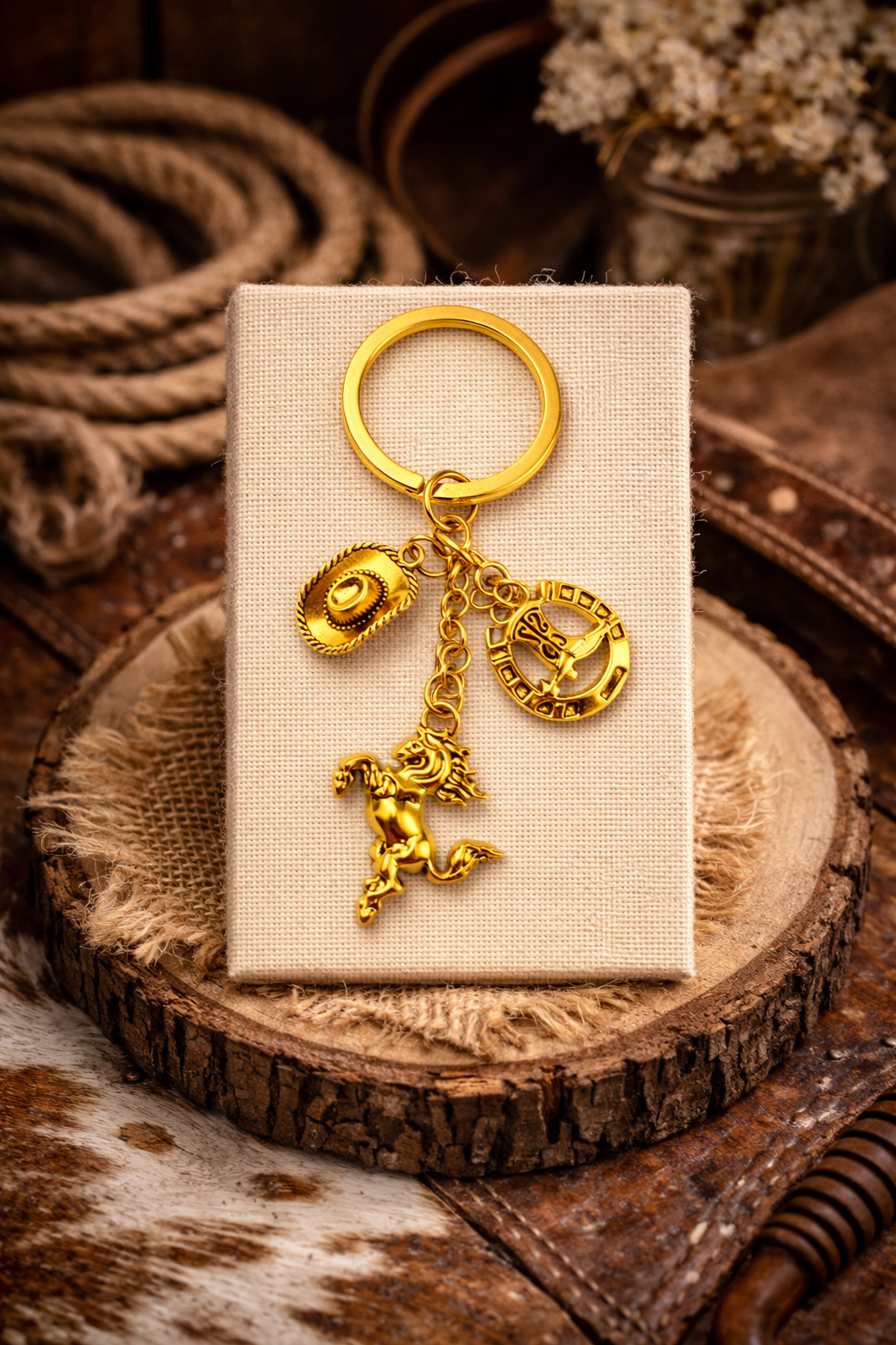 WESTERN KEYCHAIN - HORSE, HAT, BOOTS & HORSESHOE (GOLD)