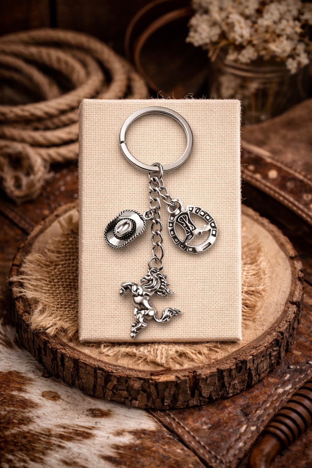 WESTERN KEYCHAIN - HORSE, HAT, BOOTS & HORSESHOE (SILVER)