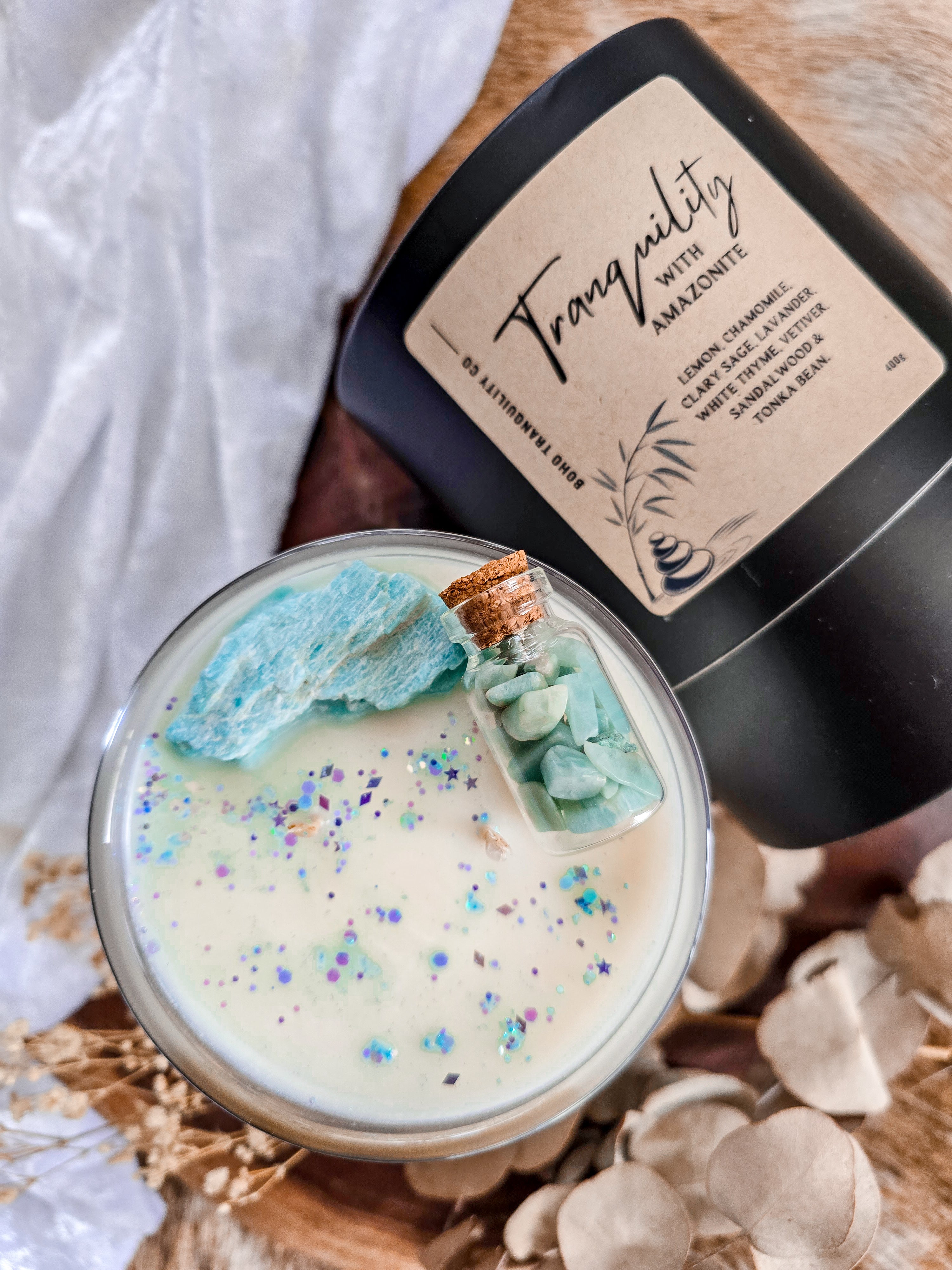 TRANQUILITY WITH AMAZONITE CRYSTAL CANDLE