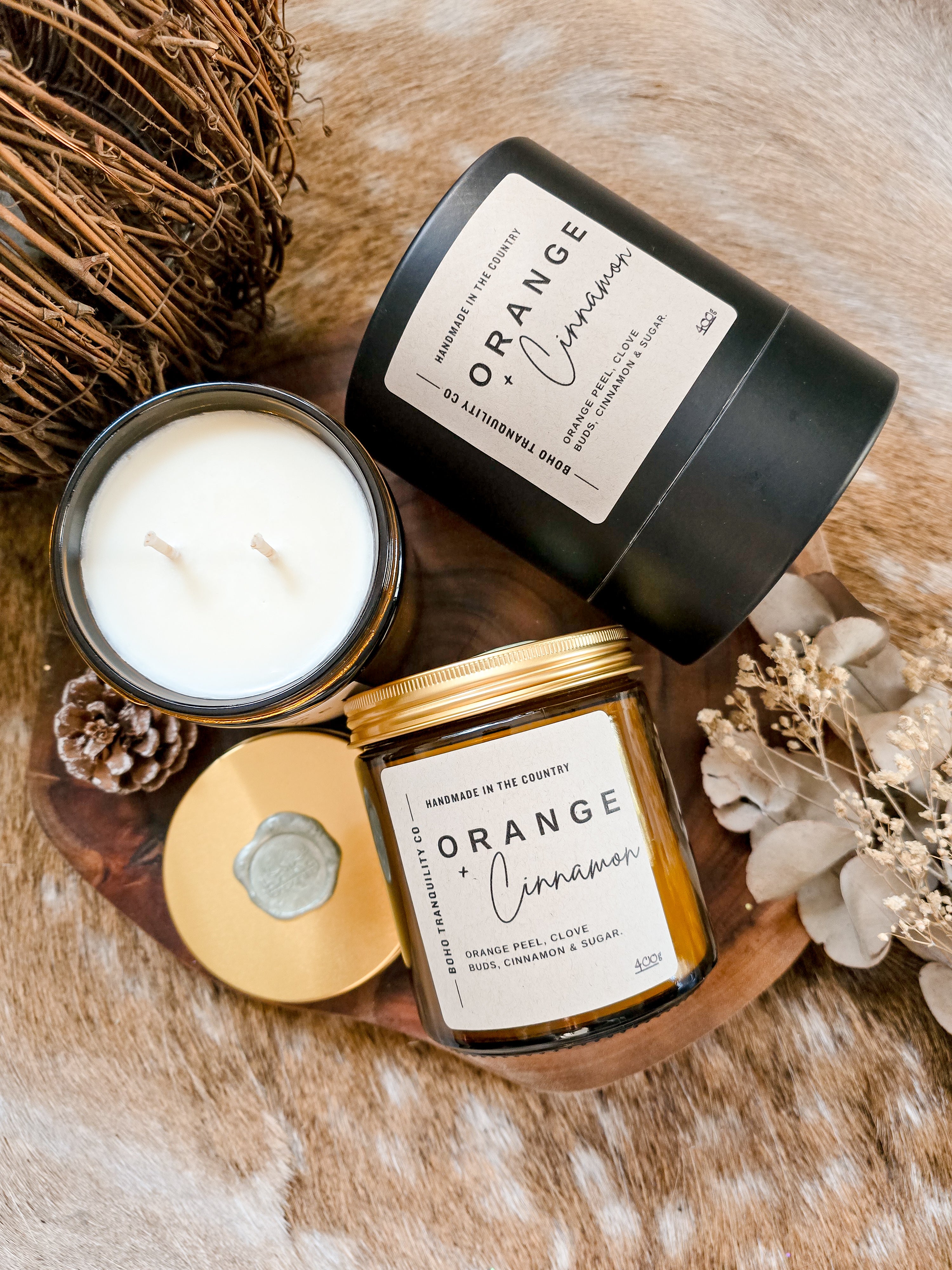 XL AMBER GLASS SCENTED CANDLE - ORANGE & CINNAMON