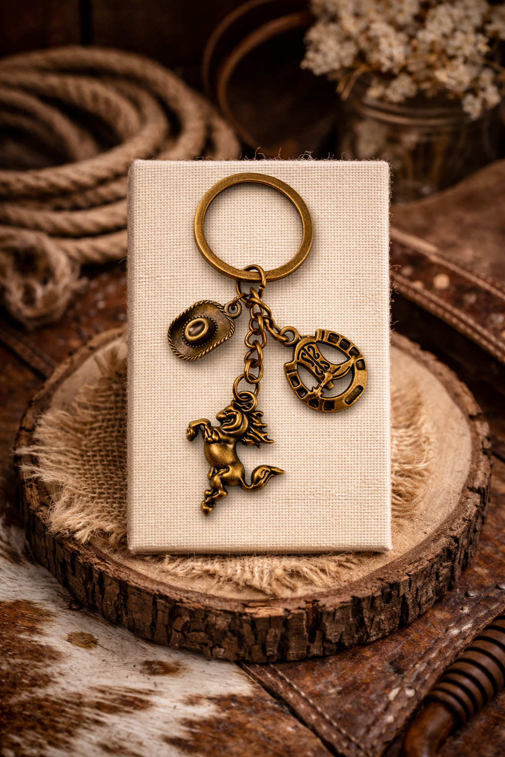 WESTERN KEYCHAIN - HORSE, HAT, BOOTS & HORSESHOE (RUSTIC)